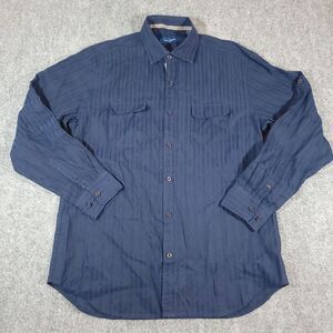 Tommy Bahama Shirt Mens M Navy Blue Striped Button Up Linen Blend Beach Tropical